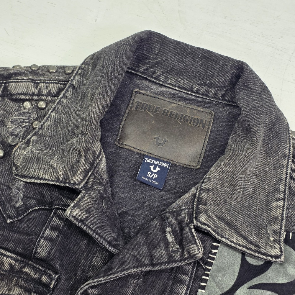 True Religion Distressed Jimmy Western Denim Vest Jacket Black Concrete Men's S - Picture 6 of 16